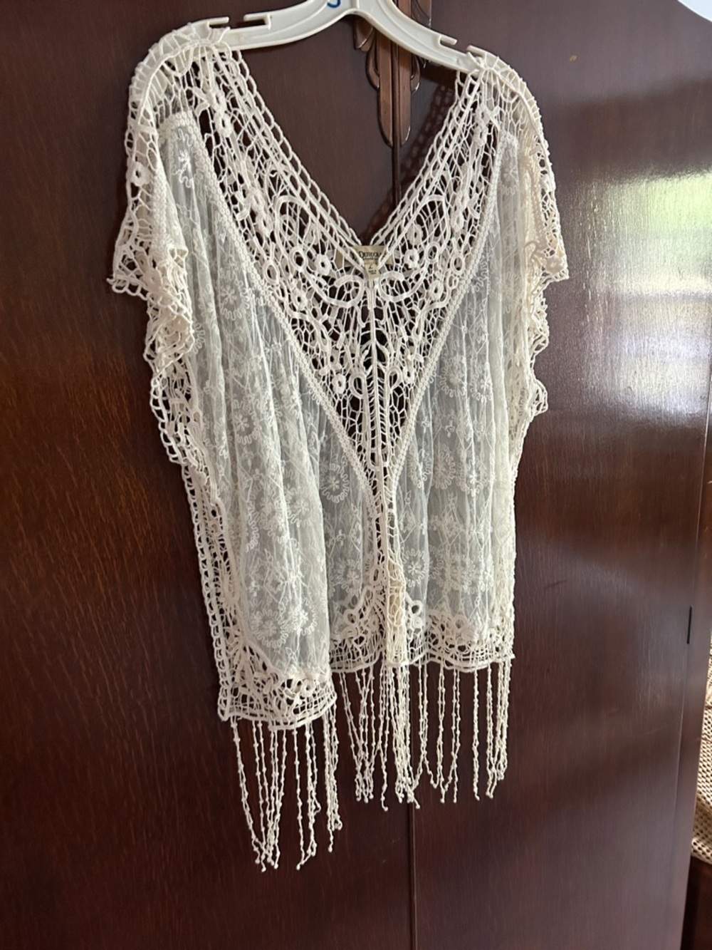 Democracy Cream Crochet Lace Fringe Tunic Top